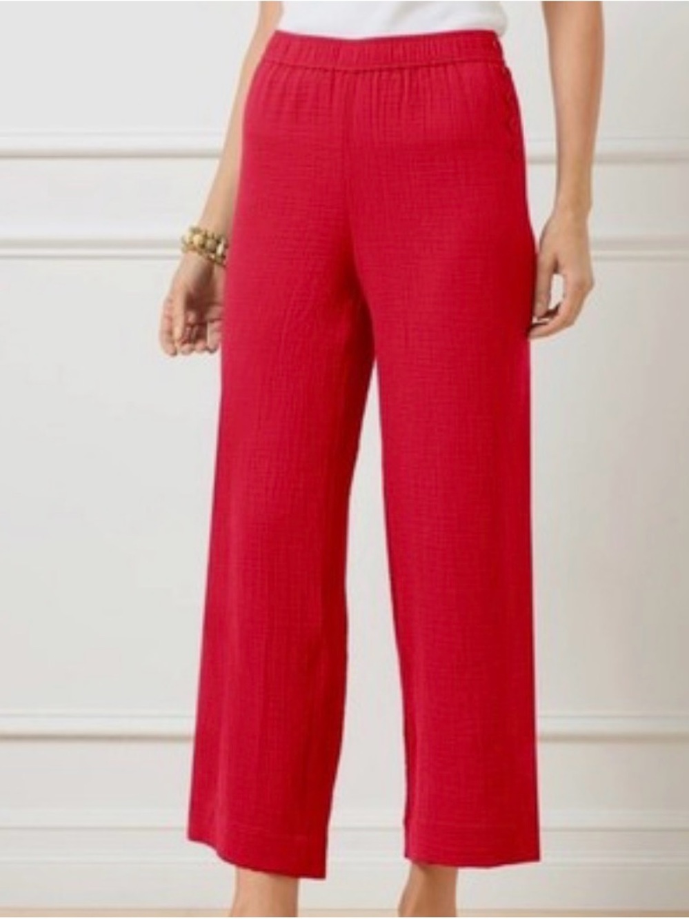 NWT Talbots 100% Cotton Gauze Wide-Leg Elastic Waist Pants - Dark Red